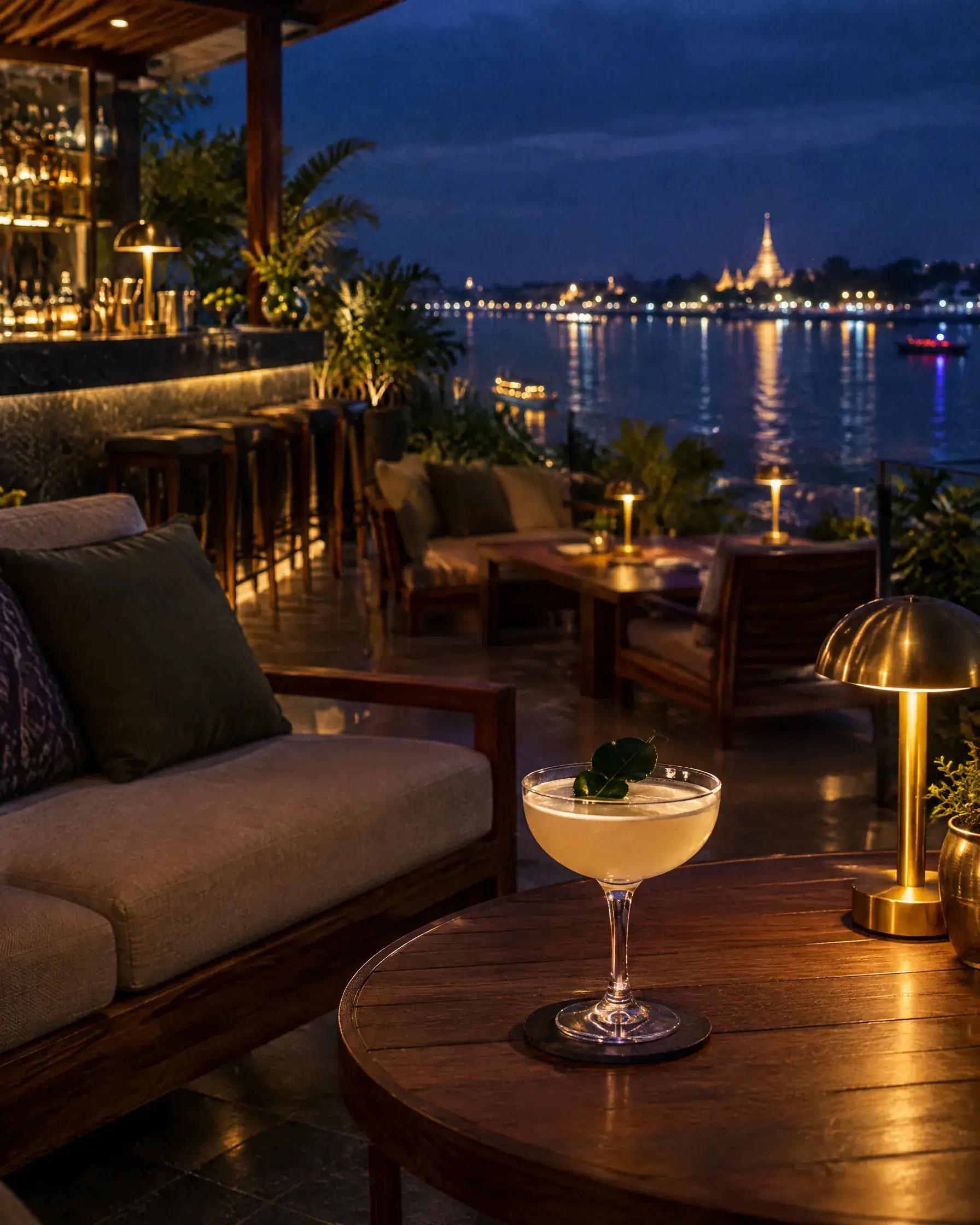 Rooftop terrace bar at night above the Mekong