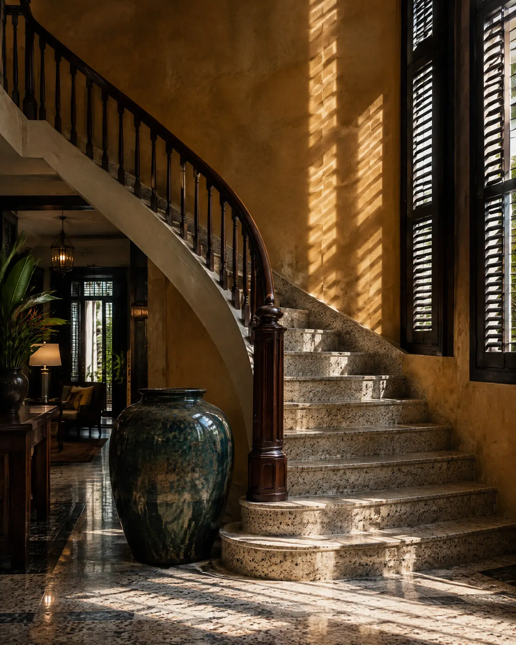 Terrazzo staircase and teak handrail in the lobby